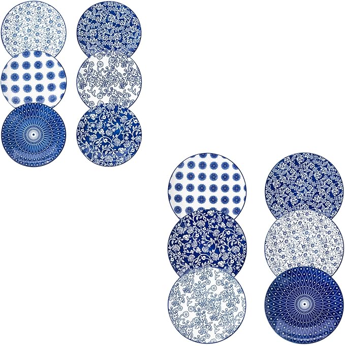 12 Pcs Ceramic Dinnerware - 8.5 Inch Salad Plates and 10.5 Inch Dinner Plates Sets - Service for 6 - Vintage Blue