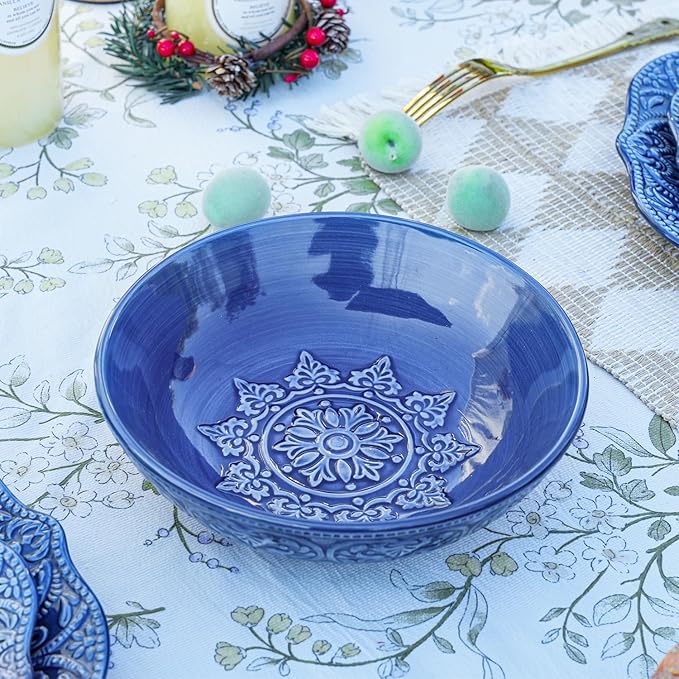 Sungmor Embossed Stoneware Fine Dining Dinnerware Antique Baroque Style Porcelain 8 Inch Large Serving Bowls Set of 2 Sophisticated Ceramic Bowls for Salad Soup Cereal Pasta
