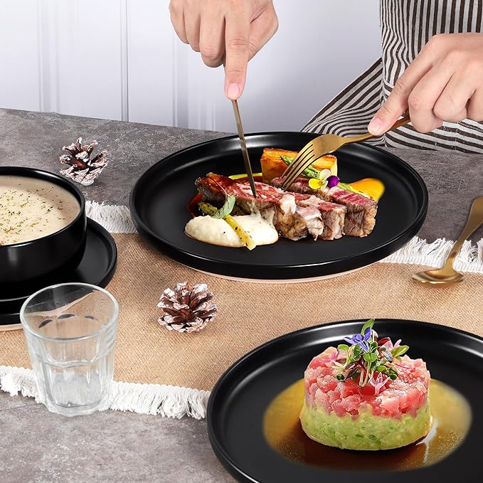 Vesteel 12-Piece Dinnerware set Ceramic Plates and Bowls set for 4 Speckled Stoneware Dishes Set for Family Microwave &amp Dishwasher Safe - Matte Black