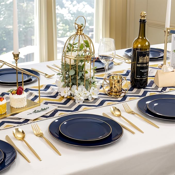 bUCLA 150PCS Blue and Gold Plastic Plates - 25 Guests Navy Blue Plastic Dinnerware Disposable for Party and Passover - Include 25 Dinner/Dessert Plates 25 Knives 25 Forks 25 Spoons 25 Cups
