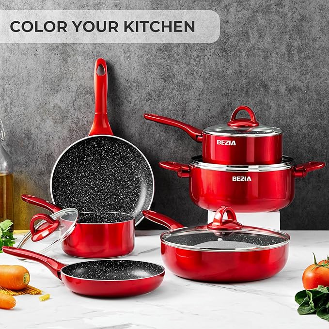 Induction Cookware Pots and Pans Set 10 Piece BEZIA Dishwasher Safe Nonstick Cooking Pans Stay-Cool Bakelite Handle Scratch Resistant Kitchen Sets with Frying Pans Saucepans &amp Stockpot (Red)