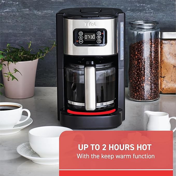 T-fal Element Plastic and Stainless Steel Drip Coffee Machine 12 Cup Programmable Reusable filter Pause and Brew Glass Carafe 1000 watts Coffer Maker Filter machine Cold Brew Black
