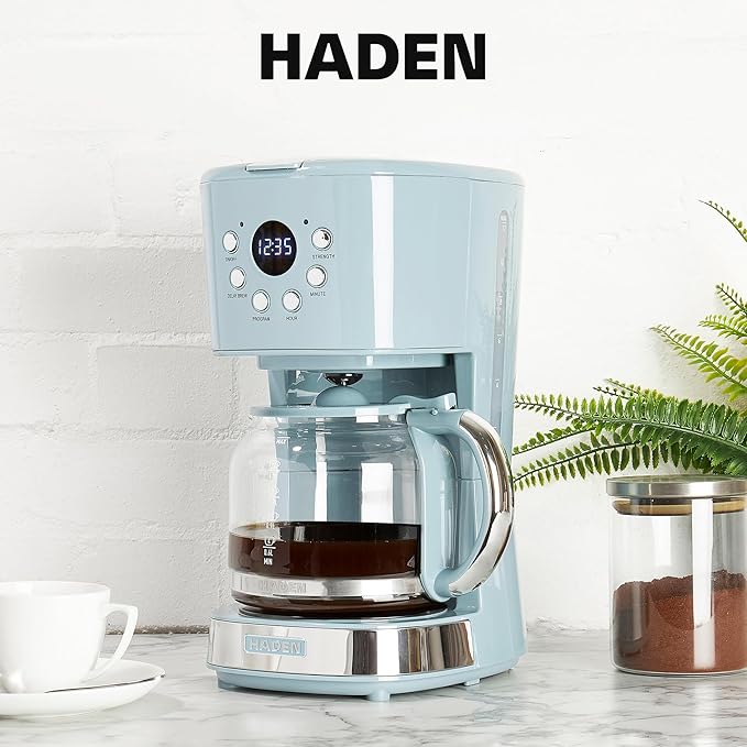 Haden Brighton Coffee Machine 12 Cup Programmable Drip Coffee Maker with Auto Shut-Off Function and Reusable Washable Water Filter Sky Blue &amp Chrome