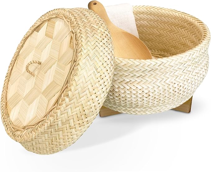 Handmade 100% Natural Thai Bamboo Sticky Rice “Electric Cooker Steamer Set” Small Pot Insert ~ 6.5 Inch Hewn Reed Wicker Woven Lid 16’’ Cheesecloth Filter and Wooden Spoon