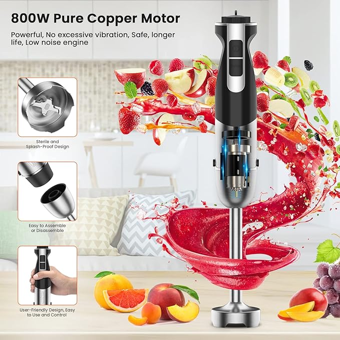 healthomse 5-In-1 Immersion Blender 800W 12-Speed Stainless Steel Hand Blender with Milk Frother Egg Whisk BPA-Free 500ml Chopper and 700ml Beaker with Lid for Soup Smoothie Baby Food