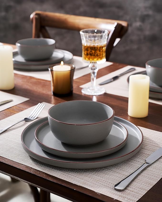Famiware Mercury Plates and Bowls Sets 12 Pieces Stoneware Dinnerware Sets Dishes Set for 4 Microwave and Dishwasher Safe Dark Grey