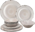 Supreme Housewares 12-Piece Melamine Dinnerware Set Includes Dinner Plates Salad Plates Bowls Service for 4. (Crackle Cream)