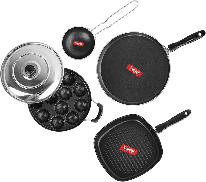 Sumeet 2.6mm Thick Non-Stick Marpo Cookware set (Dosa Tawa – 26.5cm Dia + Grill Appam Patra With Lid – 23cm Dia + Grill Appam Patra With Lid – 23cm Dia + Tadka Pan – 10cm Dia)