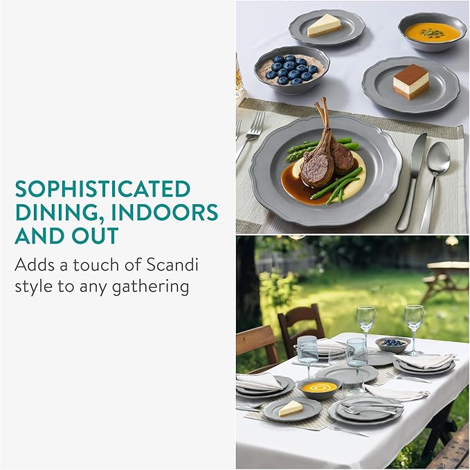 Navaris Scandi Style Porcelain Dinnerware Set - Ceramic Crockery Sets for 4 - Stackable Dishes with Dinner and Salad Plates Cereal Bowls - Dishwasher &amp Microwave Safe - 12pcs Grey