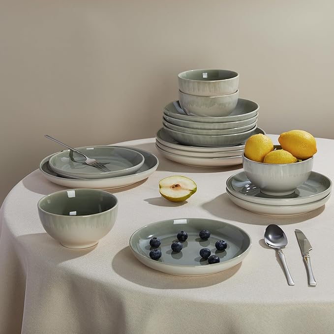Stoneware Dinnerware Sets Service for 12 36 pcs Reactive Glaze Plates and Bowls Sets Handmade Ceramic Dish Set Highly Chip and Crack Resistant Modern Plate Set Gradient Green