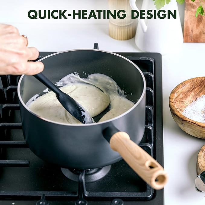 GreenPan Hudson Healthy Ceramic Nonstick 8 Piece Cookware Pots and Pans Set Vintage Wood Inspired Handle PFAS-Free Dishwasher Safe Black