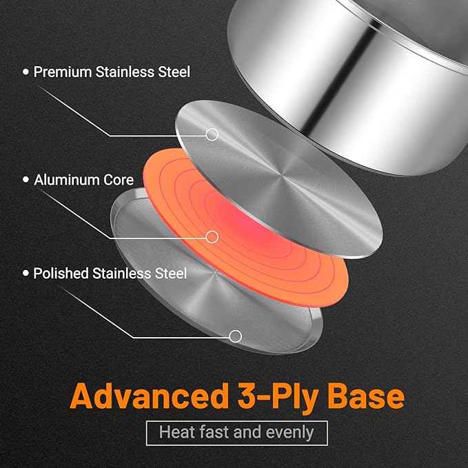 GOFLAME 12 Piece Pots &amp Pans Set Stainless Steel Cookware Set with Tempered Glass Lids Handles &amp 3-Ply Base 4 Stockpots 1 Frying Pan &amp 1 Sauce Pan for Stovetop Induction Halogen