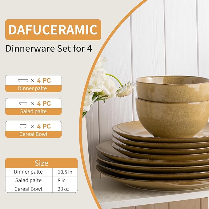 Plates and Bowls Sets 12 Pieces Modern Stoneware Dinnerware Set for 4 Kitchen Dinner Set Ceramic Dishware Dishes Set Microwave and Dishwasher Safe (Maize Yellow)