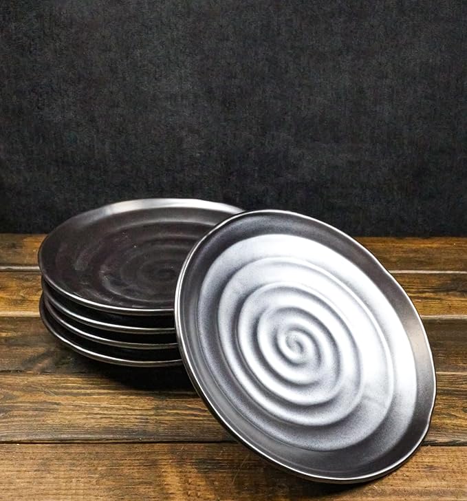Ebros Gift Iron Black Clay Underglaze Technique Tetsu Kesho Porcelain Dinnerware Kitchen Set Asian Japanese Restaurant Supply (Pack Of 5 Round Dinner Plates 8.75 D)