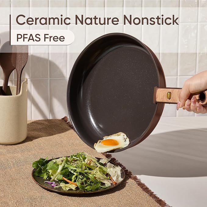 CAROTE 19PCS Ceramic Nonstick Cookware Set Pots and Pans Set with Detachable Handle PFAS-Free Non-Toxic Induction &amp Oven Safe Stackable Space-Saving Dark Choco