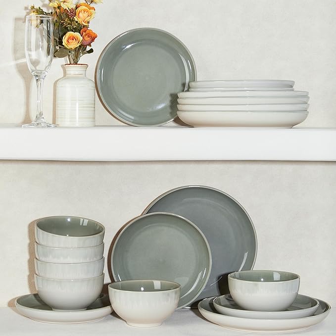 Stoneware Dinnerware Sets Service for 12 36 pcs Reactive Glaze Plates and Bowls Sets Handmade Ceramic Dish Set Highly Chip and Crack Resistant Modern Plate Set Gradient Green