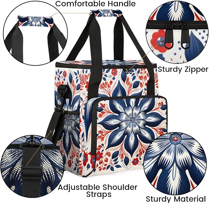 Flowers Floral Design Coffee Maker Travel Bag for Keurig K-Mini/K-Mini Plus Insulated Waterproof Tote with Pockets for K-Cup Portable Single-Serve Brewer Case