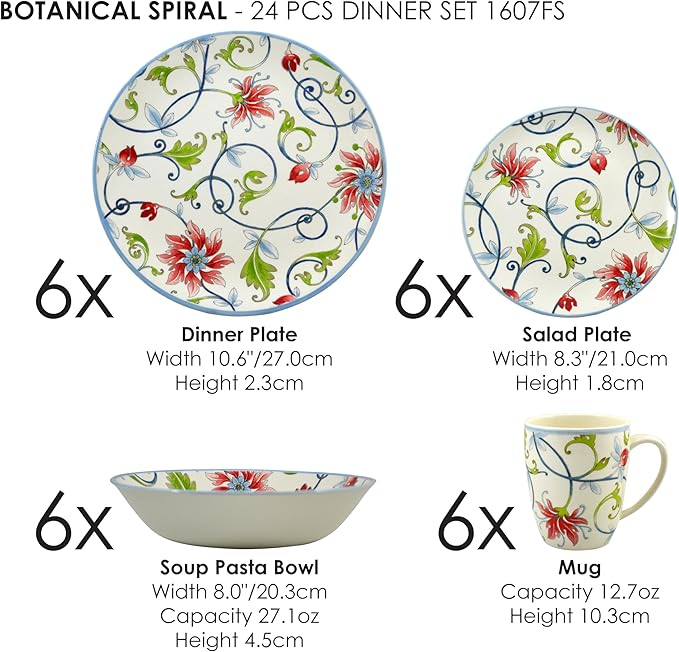 Tudor Royal Collection 24-Piece Round Dinnerware Set Service for 6 Botanical Design Summer Flowers Plates Bowls Mugs Dishes High-Gloss Premium Quality