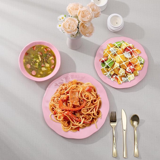 18 Piece Pink Dinnerware Set Lightweight Kitchen Dining Plates and Bowls Set Durable Melamine Dishes Set of 6 Unbreakable RV Camping Dishes Dishwasher Safe