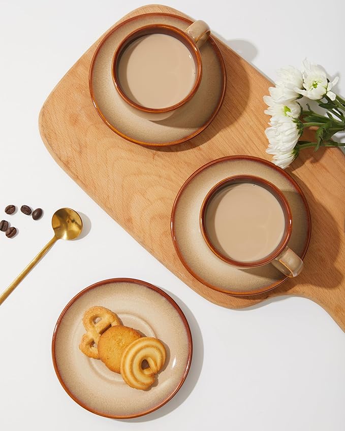 16 Pieces Dinnerware Sets with Coffee Cups with Saucers Brown Yellow