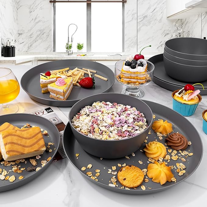 EI 12pcs Wheat Straw Dinnerware Set of 4Kitchen Plates and BowlsReuasble PlatesUnbreakable Dinner PlateHard Premium Plastic Plate for CampingPicnincHalloween