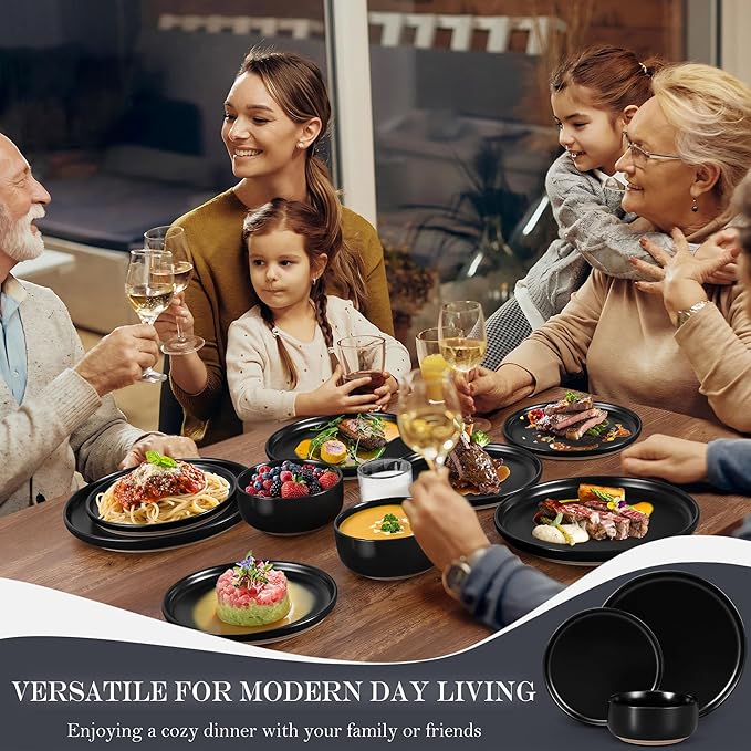 Vesteel 12-Piece Dinnerware set Ceramic Plates and Bowls set for 4 Speckled Stoneware Dishes Set for Family Microwave &amp Dishwasher Safe - Matte Black