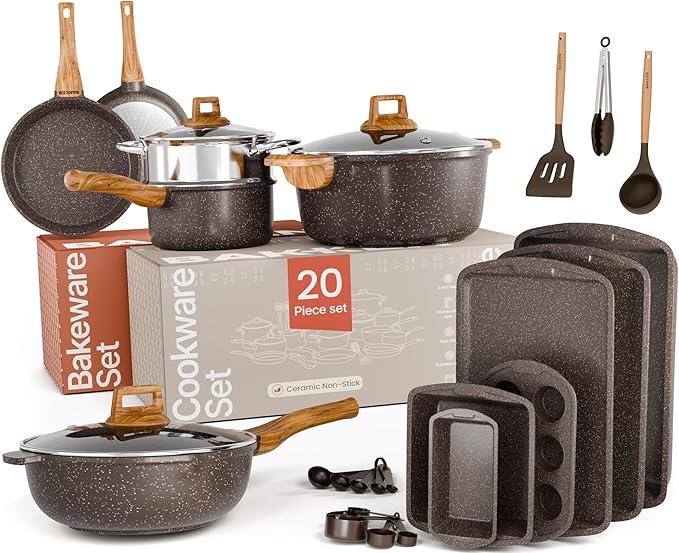 Bakken Master 20 Piece Cookware Set - Pots and Pans with Handle Grips and Tempered Glass Lids With 6-piece Bakeware Set Nonstick Granite Coating Ceramic Max Temperature (Up To 500°F) Brown Marble