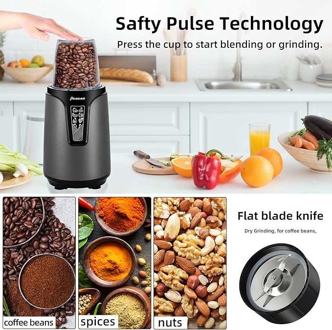Panana Blender for Smoothies 850W Portable Personal Blender and Grinder Combo with 2x20oz Portable Smoothie Cups with To-Go Lids 6.8oz Coffee CupStainless Steel