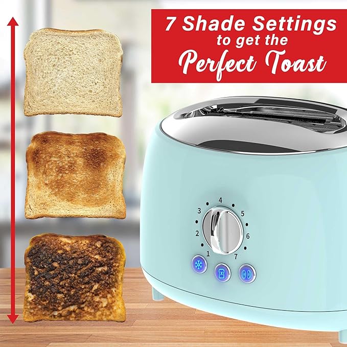 Cool Touch 2-Slice Extra Wide Slot Toaster with 7 Shade Settings Defrost and Bagel Functions – Black and Blue Retro Kitchen Toaster (Blue)