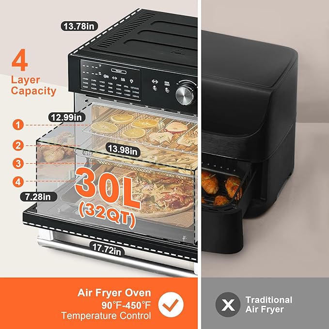 Kitchen in the box 32QT Extra Large Air Fryer Toaster Oven Combo 21-in-1 Countertop Convection Toaster Oven with Rotisserie and Dehydrate 6 Accessories 1800W Dual Cook Preset (Black)