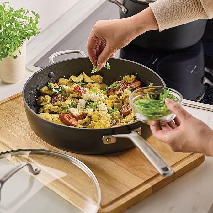 KitchenAid Hard Anodized Induction Nonstick Cookware Saute Pan/Jumbo Cooker with Lid and Helper Handle Dishwasher Safe 5 Quart Non Stick Sauteuse with Stainless Steel Handles - Matte Black