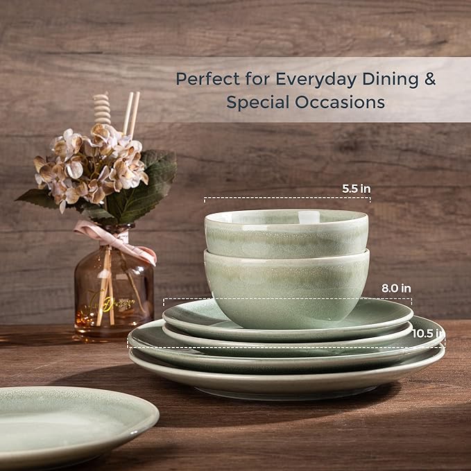 AmorArc Ceramic Dinnerware Sets for 6 18 Pieces Handpainted Plates and Bowls Set Scratch Resistant Stoneware Dishes Set Dishwasher &amp Microwave Safe Olive Green
