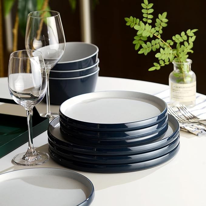 Melamine Dinnerware SetsPlate and Bowl Set for 412 Pcs Dish Set with Lipped EdgesLightweight and Reusable Dishware Sets for CampingDishwasher SafeGood for Housewarming(Navy BlueGray)