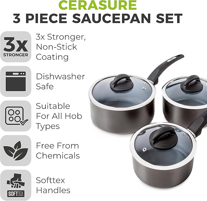 Tower Cerasure Non Stick Saucepans Sets With Lids Stay Cool Handles Graphite 3 Piece Set 16/18/20 cm