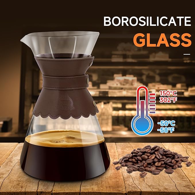 34oz Pour Over Coffee Maker with Double Layer Stainless Steel Filter Borosilicate Glass Dripper Detachable Heat-Resistant Leather Pad 7-8 Cups Coffee Maker Carafe（Dark brown）