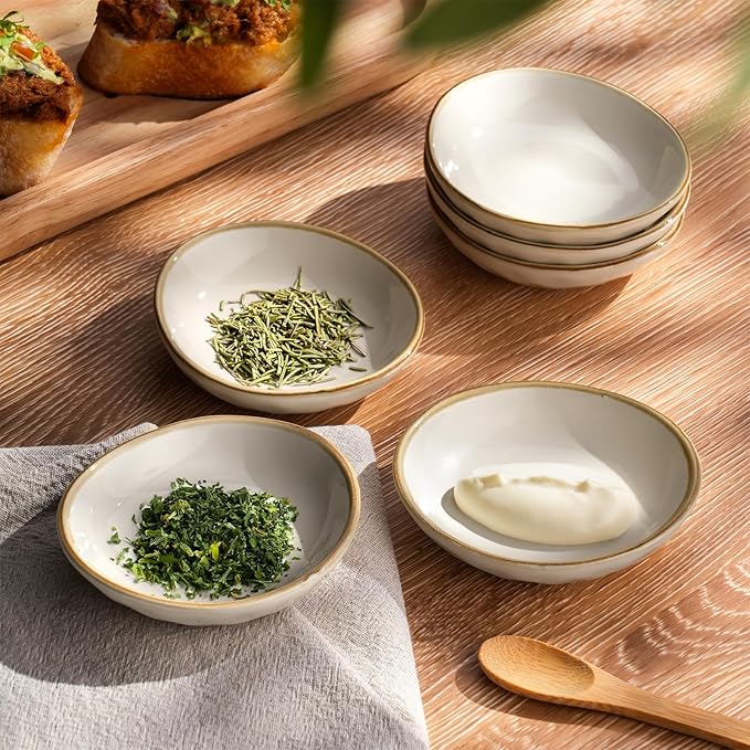 Famiware Ocean Round 12 Pieces Dinnerware Set + 6 Pieces Dipping Bowl Set Microwave and Dishwasher Safe Vanilla White