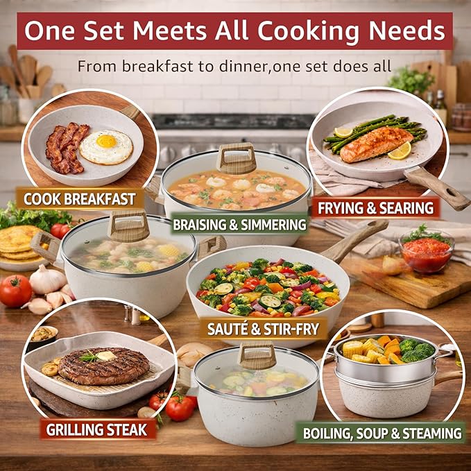 24Pcs Pots and Pans Set Non StickCeramic Cookware Set with Titanium-Reinforced Nonstick CoatingLong-LastingPFAS-FreeInduction CompatibleFull Kitchen Set with 3 Stock Pots for Family Cooking