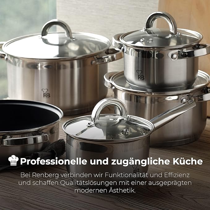 Alexander - 7 Piece Kitchen Battery with 3 Ducks of 18 20 and 24 cm with a Lid + 1 of 16 cm - Made of Stainless Steel - Bucket Set - 5-Layer Capsuled Background