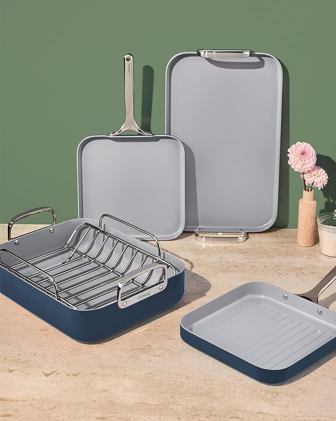 Caraway Square Cookware Set - Square Pans Set - Perfect for Griddling Toasting Searing Roasting and More - Non-Stick Ceramic Coated Pans - Non Toxic PTFE &amp PFOA Free - Marigold