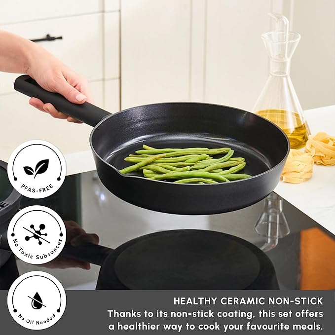 Karaca Swiss Crystal Ceramic Midnight Cookware Set - Non Stick Pots and Pans Set with Lid - PFAS-Free Dishwasher Safe Induction Hob Compatible Cookware Black 6 Piece
