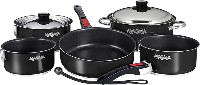 Magma 10 Piece Gourmet Nesting Stainless Steel Cookware Set with Ceramica Non-Stick Induction Compatible Oven Safe to 500°F - Suitable for All Stovetops Removable Handles Jet Black