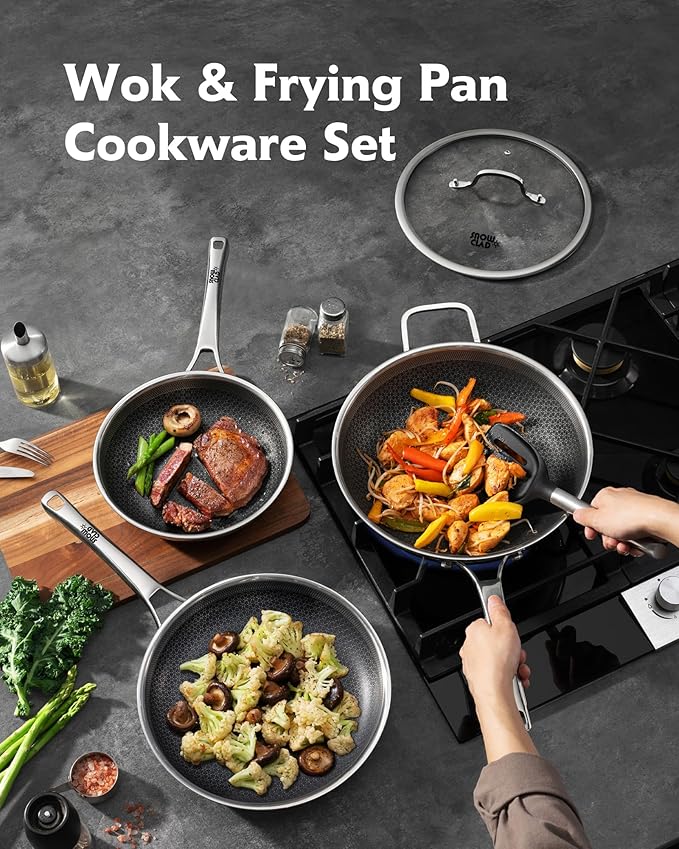 3-Piece Hybrid Stainless Steel Cookware Set-12 Inch Wok with Lid10 Inch Frying Pan12 Inch Skillet with Lid-Non StickPFOA FreeDishwasher&ampOven SafeInduction CompatibleCookware Set.