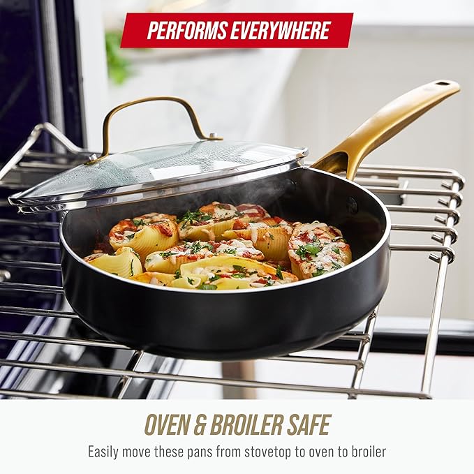 Blue Diamond 14 Piece Induction Nonstick Cookware Set Diamond Infused PFAS-Free Ceramic Nonstick Pots &amp Pans Durable Metal Utensil Safe Dishwasher Safe Oven &amp Broiler to 600F Black/Gold