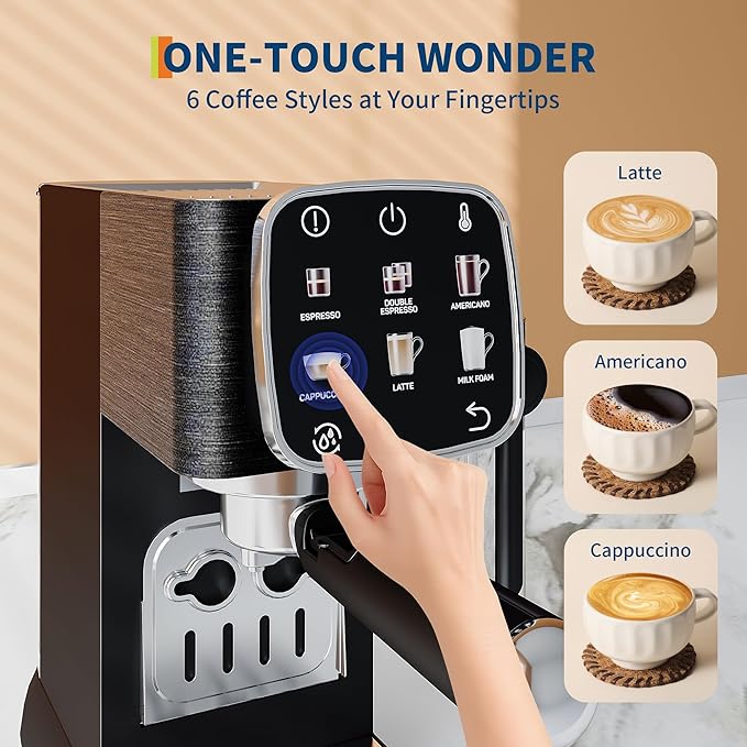 Fully Automatic Coffee Machine 20 Bar Pressure Touchscreen Control Adjustable Temperature Quick Heating Removable Water Tank Milk Frother Stainless Steel for Home Kitchen