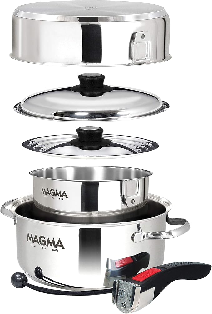 Magma 7 Piece Gourmet Nesting Stainless Steel Cookware Set with Ceramica Non-Stick Induction Compatible Oven Safe to 500°F - Suitable for All Stovetops Removable Handles Stainless Steel