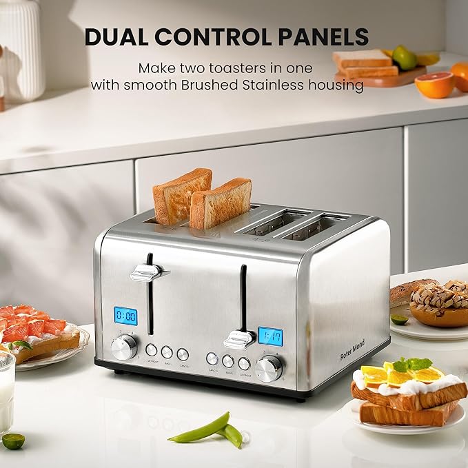 Roter Mond Countdown Stainless Steel 4 Slice Toaster with Bagel Defrost Cancel Function Dual Toaster Extra Wide Slots 6 Shade Settings Removable Crumb Trays 1650W