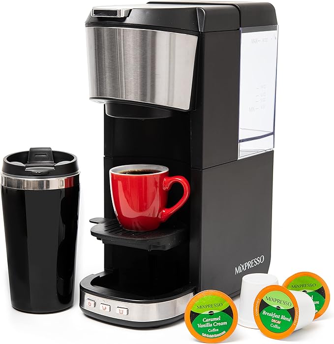 Mixpresso Coffee Maker Single Serve For Ground Coffee &amp Compatible With K Cup Pods With 14oz Travel Mug &amp Reusable Filter For Home Office &amp Camping 30oz Removable Water Tank.