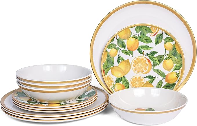 Melamine Dinnerware Sets- 12pcs Melamine Plates and Bowls Set for 4Indoor and Outdoor Dinnerware Lemon dinnerware set