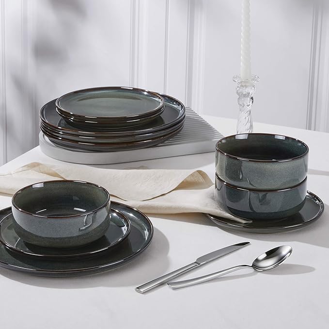 Herogo 12 Pieces Square Stoneware Dinnerware Set Service for 4 Dinner Plates and Bowls Sets Double Reactive Glaze Dishes Set for Kitchen Scratch Resistant Dishwasher Safe Moss Green