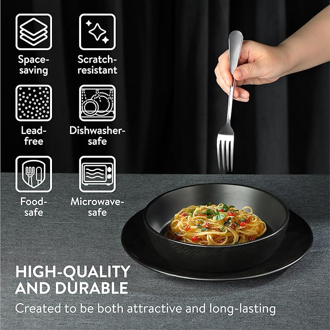 Navaris Linen Artisan Stoneware Dinnerware Set (8 Pieces) - Charcoal Black Dishes for 2 with Dinner Plates Side Plates Pasta Bowls Soup Bowls - Dishwasher and Microwave Safe